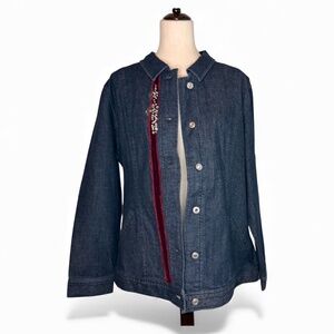 Ios Women's Denim Jacket Dark Blue w/ embroidered paisley floral & jewels